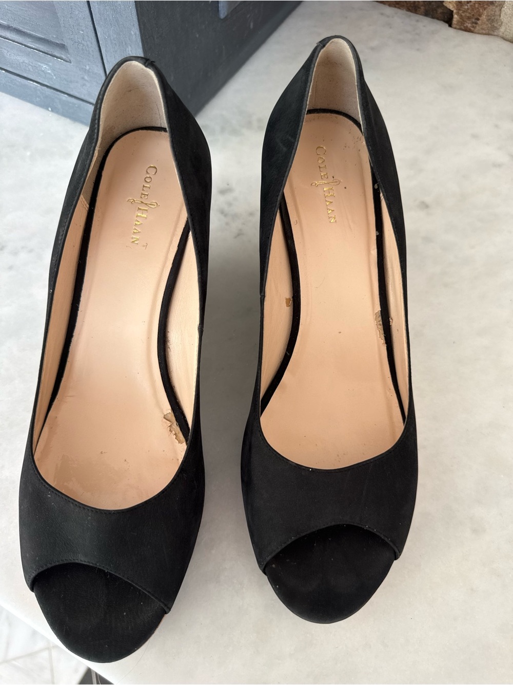 Cole Haan Black Suede Peep-Toe wedges size 11